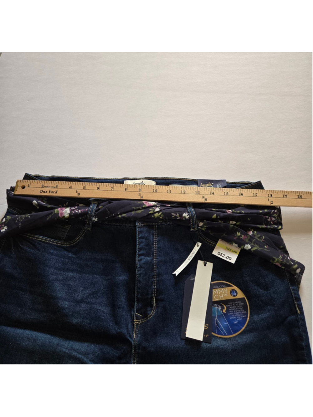 Angels Forever Young Blue Denim Jeans Bermuda Shorts Floral Belt Tummy Tech 18W - Picture 7 of 8